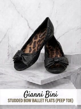Gianni Bini Black Studded Bow Flats with Leopard Insole Size 7